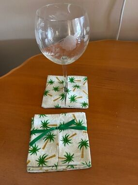 Palm Tree Fabric Coasters Set - Green & Gold on Cream